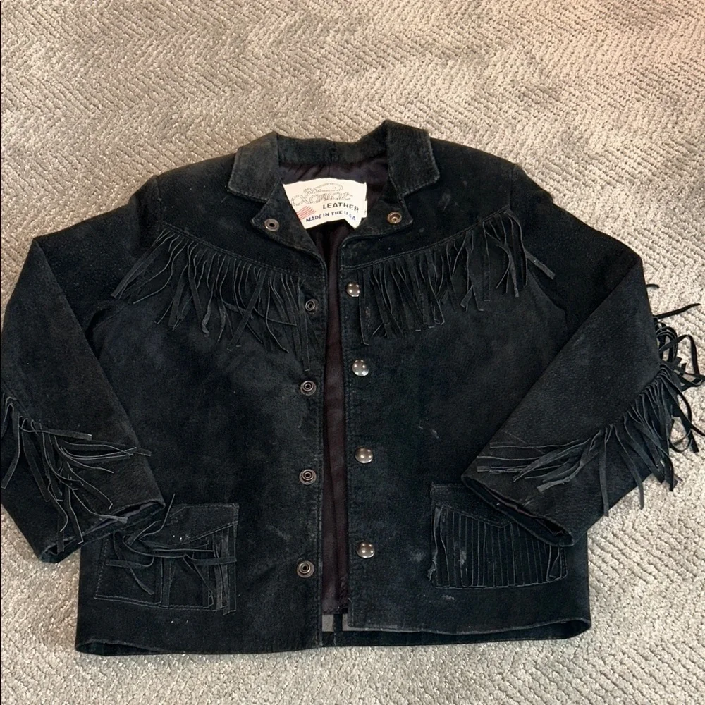 Vintage Lariat Girls Black Suede Leather Fringe Western Jacket Made in USA Sz S